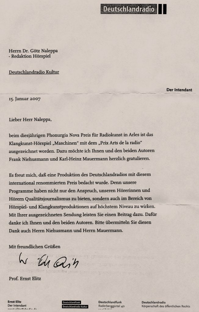 Brief des Deutschlandradio-Intendanten Prof. Ernst Elitz